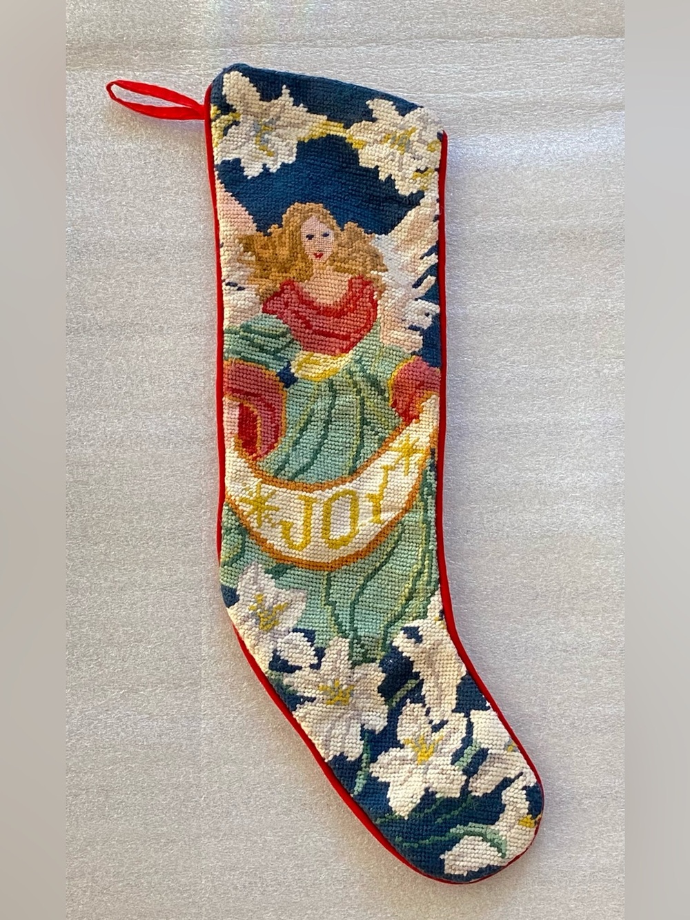 Vintage Needlepoint Christmas Floral Victorian
Angel Stocking JOY
